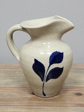 Williamsburg Pottery Salt Glaze Blue Floral Pitcher Creamer Vase Jug